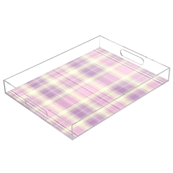Acrylic Serving Tray 15.7x11.8 Inch Bright Pink Checkered Pattern Anti-Spill Decorative Tray with Handles, Countertop Storage Organizer for Kitchen Dining Restaurant Bathroom