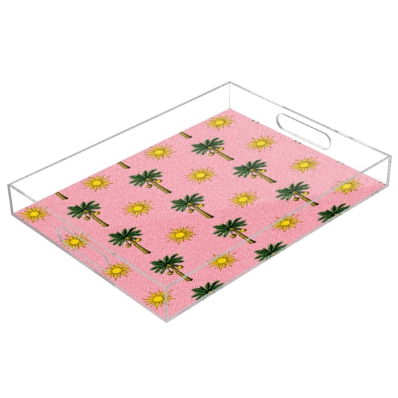 Acrylic Serving Tray 15.7x11.8 Inch Bright Tropical Palm Sun Anti-Spill Decorative Tray with Handles, Countertop Storage Organizer for Kitchen Dining Restaurant Bathroom
