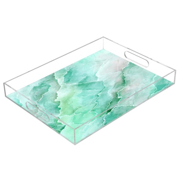 Acrylic Serving Tray 15.7x11.8 Inch Calm Mint Marble Pattern Anti-Spill Decorative Tray with Handles, Countertop Storage Organizer for Kitchen Dining Restaurant Bathroom