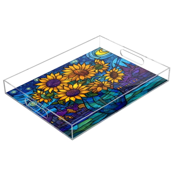 Acrylic Serving Tray 15.7x11.8 Inch Celestial Stained Sunflowers Anti-Spill Decorative Tray with Handles, Countertop Storage Organizer for Kitchen Dining Restaurant Bathroom
