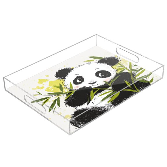 Acrylic Serving Tray 15.7x11.8 Inch Cheerful Bamboo Panda Anti-Spill Decorative Tray with Handles, Countertop Storage Organizer for Kitchen Dining Restaurant Bathroom