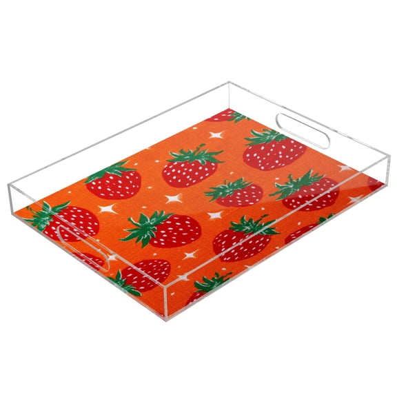 Acrylic Serving Tray 15.7x11.8 Inch Cheerful Hand Drawn Strawberry Anti-Spill Decorative Tray with Handles, Countertop Storage Organizer for Kitchen Dining Restaurant Bathroom