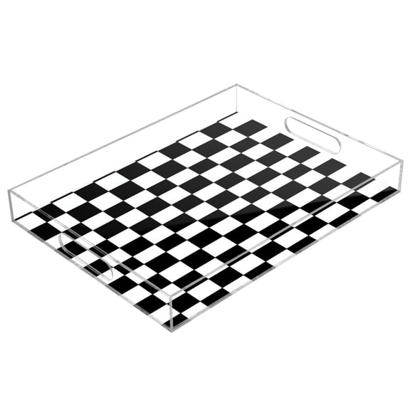 Acrylic Serving Tray 15.7x11.8 Inch Classic Black-and-white Checkered Pattern Anti-Spill Decorative Tray with Handles, Countertop Storage Organizer for Kitchen Dining Restaurant Bathroom