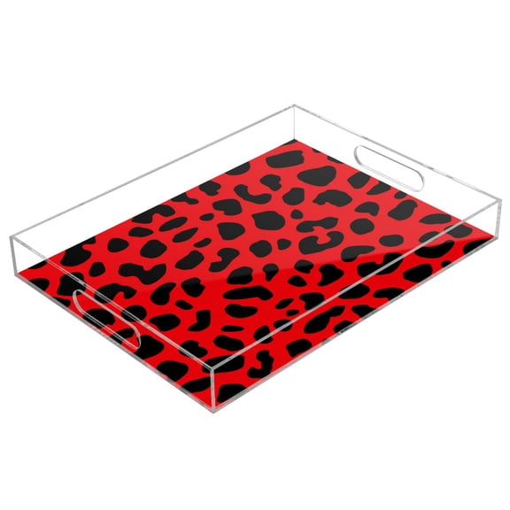 Acrylic Serving Tray 15.7x11.8 Inch Classic Red Black Cheetah Pattern Anti-Spill Decorative Tray with Handles, Countertop Storage Organizer for Kitchen Dining Restaurant Bathroom