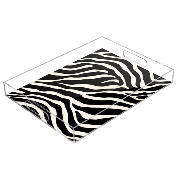 Acrylic Serving Tray 15.7x11.8 Inch Classic Zebra Stripes Texture Anti-Spill Decorative Tray with Handles, Countertop Storage Organizer for Kitchen Dining Restaurant Bathroom