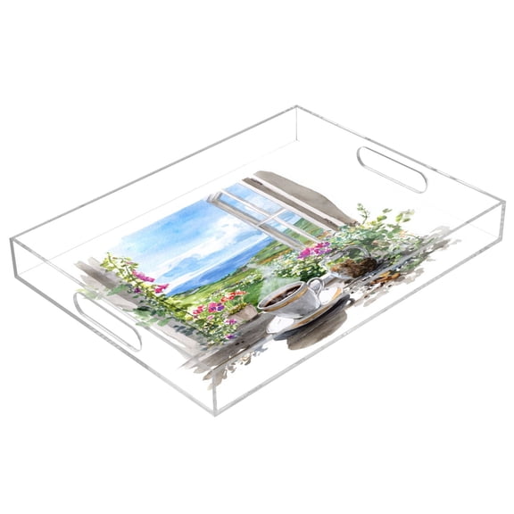 Acrylic Serving Tray 15.7x11.8 Inch Coffee by The Window Anti-Spill Decorative Tray with Handles, Countertop Storage Organizer for Kitchen Dining Restaurant Bathroom