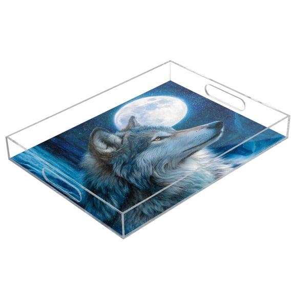 Acrylic Serving Tray 15.7x11.8 Inch The Cold-eyed Wild Wolf Anti-Spill Decorative Tray with Handles, Countertop Storage Organizer for Kitchen Dining Restaurant Bathroom