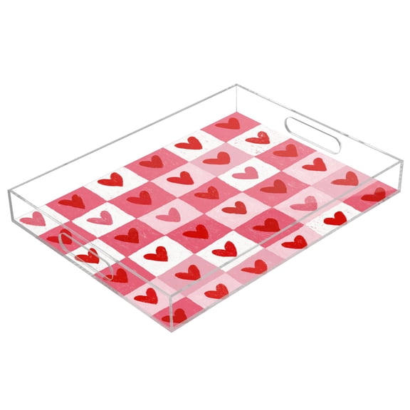 Acrylic Serving Tray 15.7x11.8 Inch Crayon Heart Checkers Anti-Spill Decorative Tray with Handles, Countertop Storage Organizer for Kitchen Dining Restaurant Bathroom