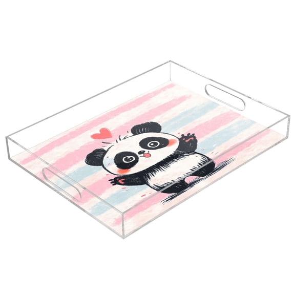 Acrylic Serving Tray 15.7x11.8 Inch Crayon Panda Illustration Anti-Spill Decorative Tray with Handles, Countertop Storage Organizer for Kitchen Dining Restaurant Bathroom