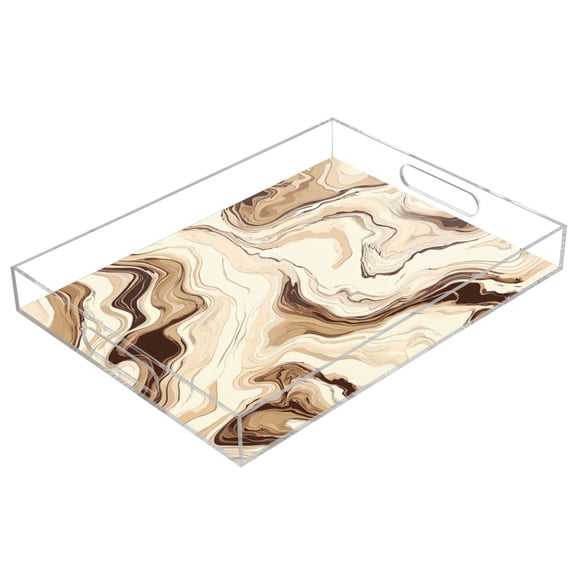 Acrylic Serving Tray 15.7x11.8 Inch Cream Brown Marble Background Anti-Spill Decorative Tray with Handles, Countertop Storage Organizer for Kitchen Dining Restaurant Bathroom