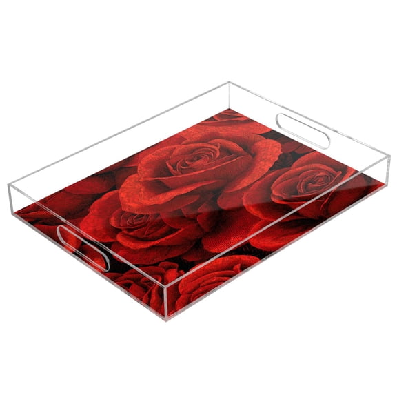 Acrylic Serving Tray 15.7x11.8 Inch Crimson Rose Cluster Anti-Spill Decorative Tray with Handles, Countertop Storage Organizer for Kitchen Dining Restaurant Bathroom