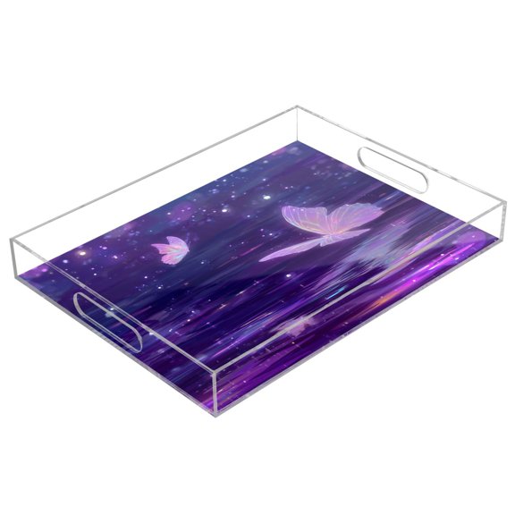 Acrylic Serving Tray 15.7x11.8 Inch Crystal Pink Butterfly Pattern Anti-Spill Decorative Tray with Handles, Countertop Storage Organizer for Kitchen Dining Restaurant Bathroom