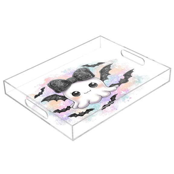 Acrylic Serving Tray 15.7x11.8 Inch Cute Black Bat Ghost Anti-Spill Decorative Tray with Handles, Countertop Storage Organizer for Kitchen Dining Restaurant Bathroom