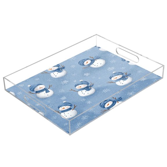 Acrylic Serving Tray 15.7x11.8 Inch Cute Branch Snowman Pattern Anti-Spill Decorative Tray with Handles, Countertop Storage Organizer for Kitchen Dining Restaurant Bathroom