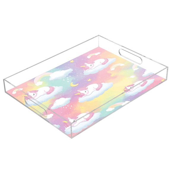 Acrylic Serving Tray 15.7x11.8 Inch Cute Cloud Unicorn Print Anti-Spill Decorative Tray with Handles, Countertop Storage Organizer for Kitchen Dining Restaurant Bathroom