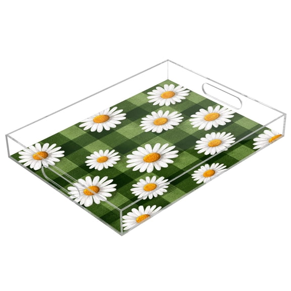 Acrylic Serving Tray 15.7x11.8 Inch Cute Daisies on A Green Checkered Anti-Spill Decorative Tray with Handles, Countertop Storage Organizer for Kitchen Dining Restaurant Bathroom