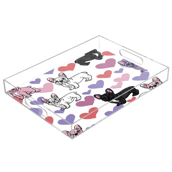 Acrylic Serving Tray 15.7x11.8 Inch Cute Frenchie Heart Background Anti-Spill Decorative Tray with Handles, Countertop Storage Organizer for Kitchen Dining Restaurant Bathroom