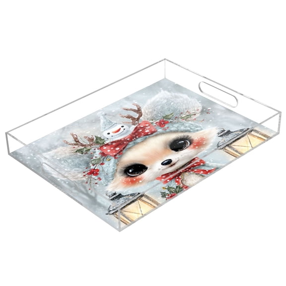 Acrylic Serving Tray 15.7x11.8 Inch Cute Kawaii Fox Pattern Anti-Spill Decorative Tray with Handles, Countertop Storage Organizer for Kitchen Dining Restaurant Bathroom