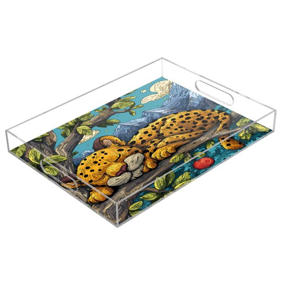 Acrylic Serving Tray 15.7x11.8 Inch A Cute Leopard Cub Sleeping Anti-Spill Decorative Tray with Handles, Countertop Storage Organizer for Kitchen Dining Restaurant Bathroom