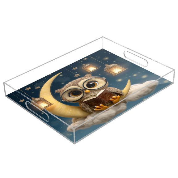 Acrylic Serving Tray 15.7x11.8 Inch Cute Owl Anti-Spill Decorative Tray with Handles, Countertop Storage Organizer for Kitchen Dining Restaurant Bathroom