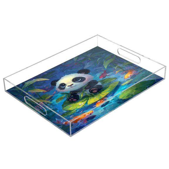 Acrylic Serving Tray 15.7x11.8 Inch Cute Panda Baby Pattern Anti-Spill Decorative Tray with Handles, Countertop Storage Organizer for Kitchen Dining Restaurant Bathroom