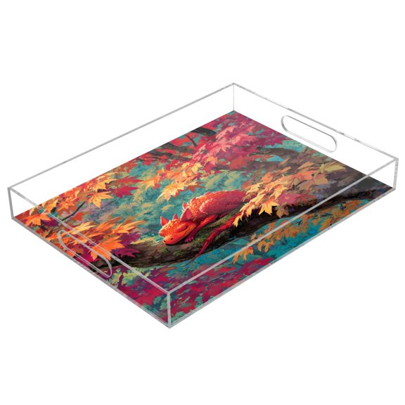 Acrylic Serving Tray 15.7x11.8 Inch Cute Red Dragon at Rest Anti-Spill Decorative Tray with Handles, Countertop Storage Organizer for Kitchen Dining Restaurant Bathroom