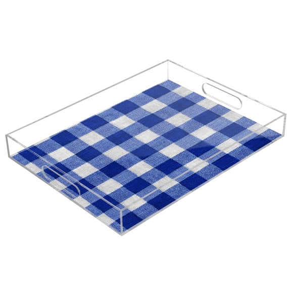 Acrylic Serving Tray 15.7x11.8 Inch Deep Blue Checkered Anti-Spill Decorative Tray with Handles, Countertop Storage Organizer for Kitchen Dining Restaurant Bathroom