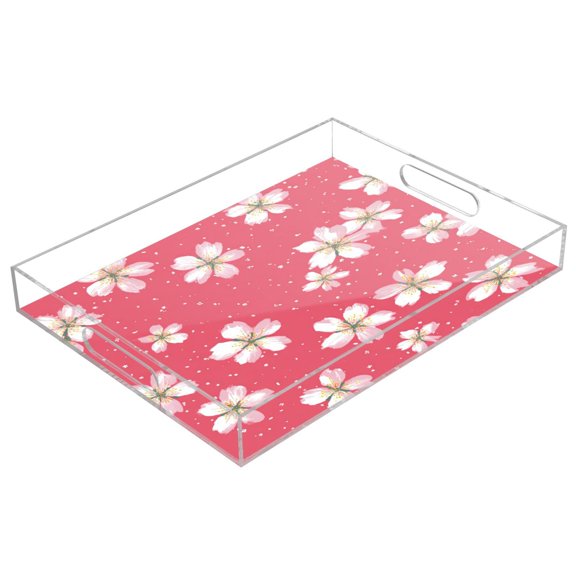 Acrylic Serving Tray 15.7x11.8 Inch Delicate Pink Cherry Pattern Anti-Spill Decorative Tray with Handles, Countertop Storage Organizer for Kitchen Dining Restaurant Bathroom