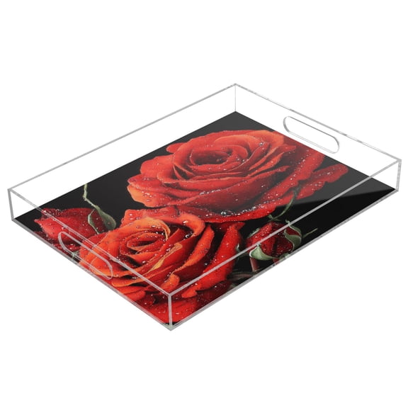Acrylic Serving Tray 15.7x11.8 Inch Diamond Painting Of Red Roses Anti-Spill Decorative Tray with Handles, Countertop Storage Organizer for Kitchen Dining Restaurant Bathroom