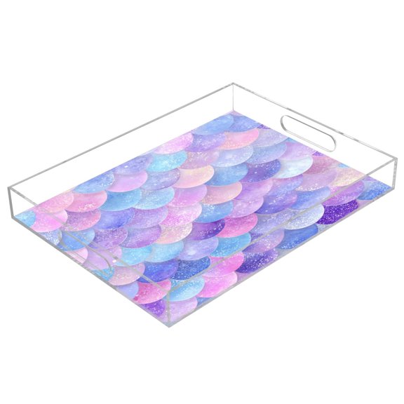 Acrylic Serving Tray 15.7x11.8 Inch Dreamy Mermaid Tail Scale Artwork Anti-Spill Decorative Tray with Handles, Countertop Storage Organizer for Kitchen Dining Restaurant Bathroom