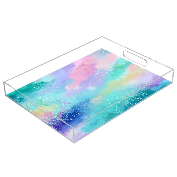 Acrylic Serving Tray 15.7x11.8 Inch Dreamy Pastel Splatter Design Anti-Spill Decorative Tray with Handles, Countertop Storage Organizer for Kitchen Dining Restaurant Bathroom
