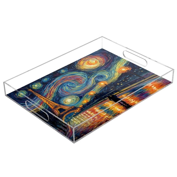 Acrylic Serving Tray 15.7x11.8 Inch Eiffel Tower under The Stars Anti-Spill Decorative Tray with Handles, Countertop Storage Organizer for Kitchen Dining Restaurant Bathroom