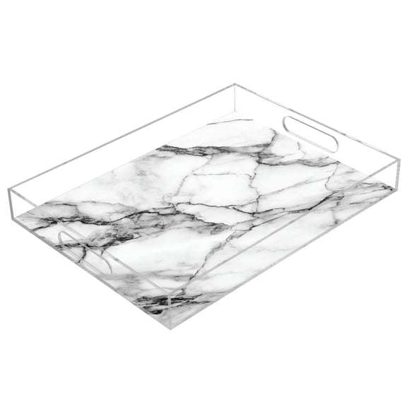Acrylic Serving Tray 15.7x11.8 Inch Elegant Marble Texture Print Anti-Spill Decorative Tray with Handles, Countertop Storage Organizer for Kitchen Dining Restaurant Bathroom