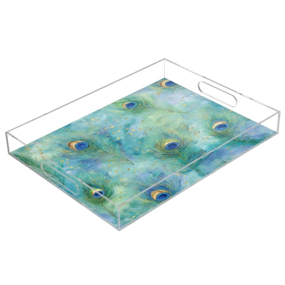 Acrylic Serving Tray 15.7x11.8 Inch Elegant Peacock Feather Pattern Anti-Spill Decorative Tray with Handles, Countertop Storage Organizer for Kitchen Dining Restaurant Bathroom