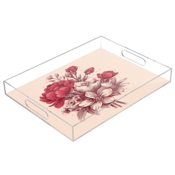 Acrylic Serving Tray 15.7x11.8 Inch Exquisite Hand-painted Bouquets Anti-Spill Decorative Tray with Handles, Countertop Storage Organizer for Kitchen Dining Restaurant Bathroom