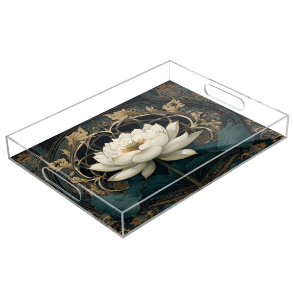 Acrylic Serving Tray 15.7x11.8 Inch Fantasy Lotus Anti-Spill Decorative Tray with Handles, Countertop Storage Organizer for Kitchen Dining Restaurant Bathroom