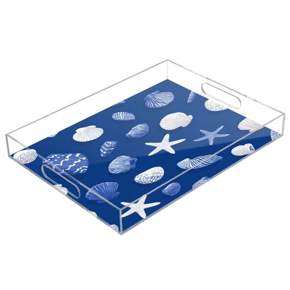 Acrylic Serving Tray 15.7x11.8 Inch Fresh Coastal Seashell Pattern Anti-Spill Decorative Tray with Handles, Countertop Storage Organizer for Kitchen Dining Restaurant Bathroom