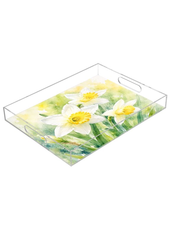 Acrylic Serving Tray 15.7x11.8 Inch Fresh Yellow Daffodil Blooms Anti-Spill Decorative Tray with Handles, Countertop Storage Organizer for Kitchen Dining Restaurant Bathroom