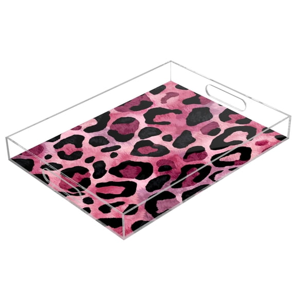 Acrylic Serving Tray 15.7x11.8 Inch Fuchsia Pink Fur Leopard Print Anti-Spill Decorative Tray with Handles, Countertop Storage Organizer for Kitchen Dining Restaurant Bathroom