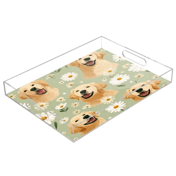 Acrylic Serving Tray 15.7x11.8 Inch Golden Daisy Pup Pattern Anti-Spill Decorative Tray with Handles, Countertop Storage Organizer for Kitchen Dining Restaurant Bathroom