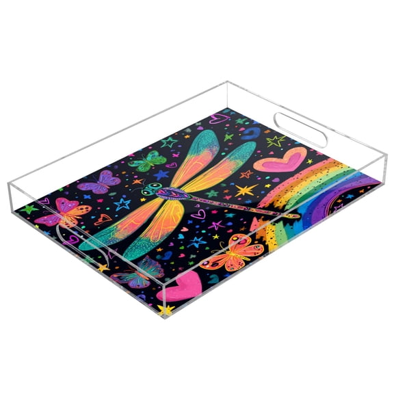 Acrylic Serving Tray 15.7x11.8 Inch Graffiti Style Dragonfly Print Anti-Spill Decorative Tray with Handles, Countertop Storage Organizer for Kitchen Dining Restaurant Bathroom