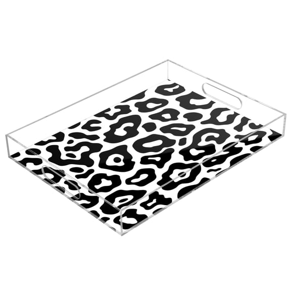 Acrylic Serving Tray 15.7x11.8 Inch Graphic Black White Leopard Print Anti-Spill Decorative Tray with Handles, Countertop Storage Organizer for Kitchen Dining Restaurant Bathroom