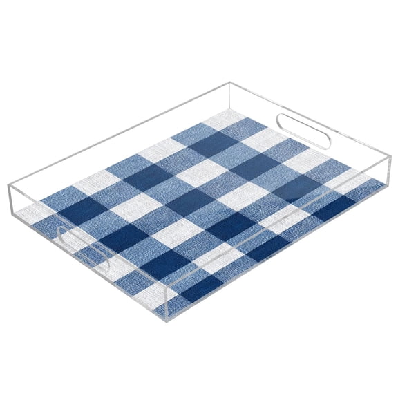 Acrylic Serving Tray 15.7x11.8 Inch Gray-blue Checkered Anti-Spill Decorative Tray with Handles, Countertop Storage Organizer for Kitchen Dining Restaurant Bathroom