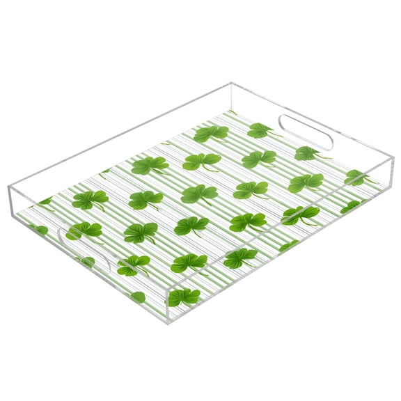 Acrylic Serving Tray 15.7x11.8 Inch Green Clover Stripe Pattern Anti-Spill Decorative Tray with Handles, Countertop Storage Organizer for Kitchen Dining Restaurant Bathroom