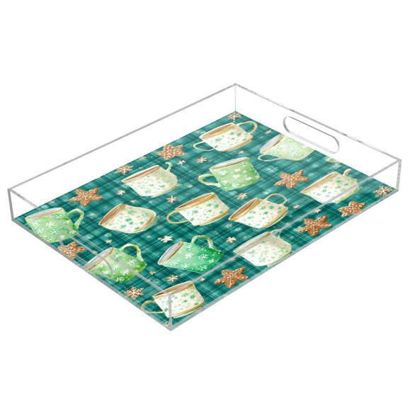Acrylic Serving Tray 15.7x11.8 Inch Green Coffee Cups and Snowflakes Anti-Spill Decorative Tray with Handles, Countertop Storage Organizer for Kitchen Dining Restaurant Bathroom
