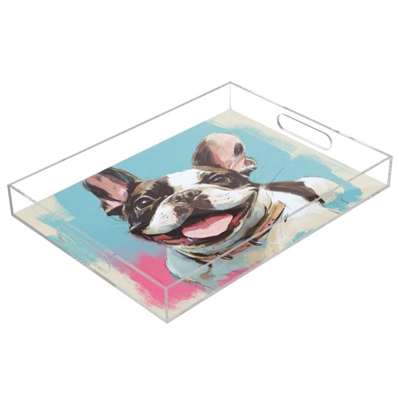 Acrylic Serving Tray 15.7x11.8 Inch Happy Frenchie Pop Portrait Anti-Spill Decorative Tray with Handles, Countertop Storage Organizer for Kitchen Dining Restaurant Bathroom