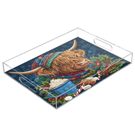 Acrylic Serving Tray 15.7x11.8 Inch Highland Cow and Hot Chocolate Anti-Spill Decorative Tray with Handles, Countertop Storage Organizer for Kitchen Dining Restaurant Bathroom