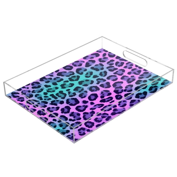 Acrylic Serving Tray 15.7x11.8 Inch Holographic Gradient Leopard Print Anti-Spill Decorative Tray with Handles, Countertop Storage Organizer for Kitchen Dining Restaurant Bathroom