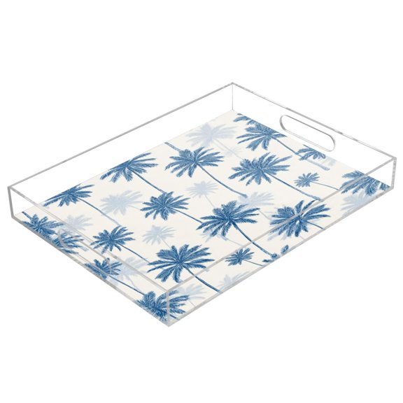 Acrylic Serving Tray 15.7x11.8 Inch Indigo Palm Pattern Anti-Spill Decorative Tray with Handles, Countertop Storage Organizer for Kitchen Dining Restaurant Bathroom