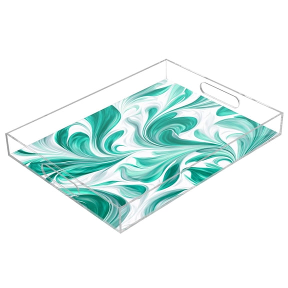 Acrylic Serving Tray 15.7x11.8 Inch Jade Green Marble Pattern Anti-Spill Decorative Tray with Handles, Countertop Storage Organizer for Kitchen Dining Restaurant Bathroom